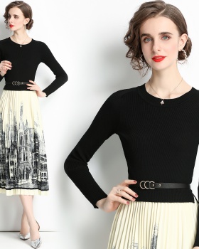 Pleated knitted splice mixed colors dress