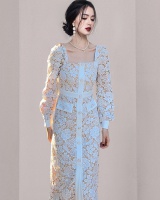 Long autumn square collar temperament lace dress for women