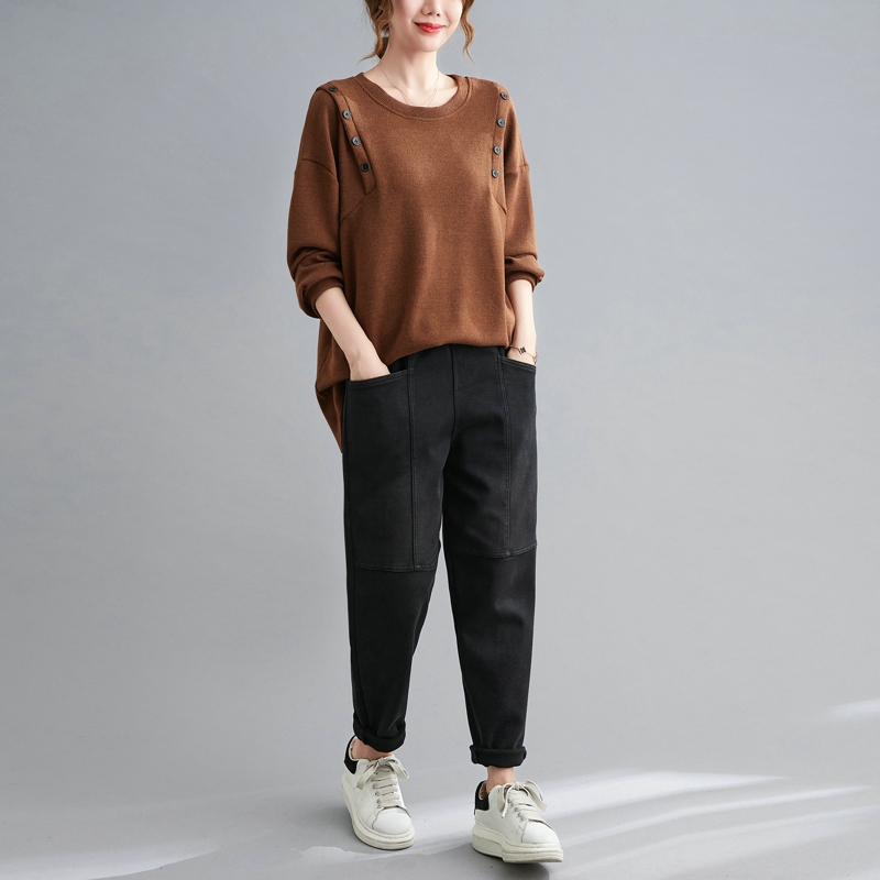 Buckle knitted loose large yard all-match tops