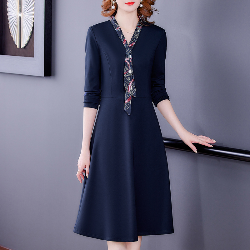 Long navy blue long sleeve slim elegant temperament dress