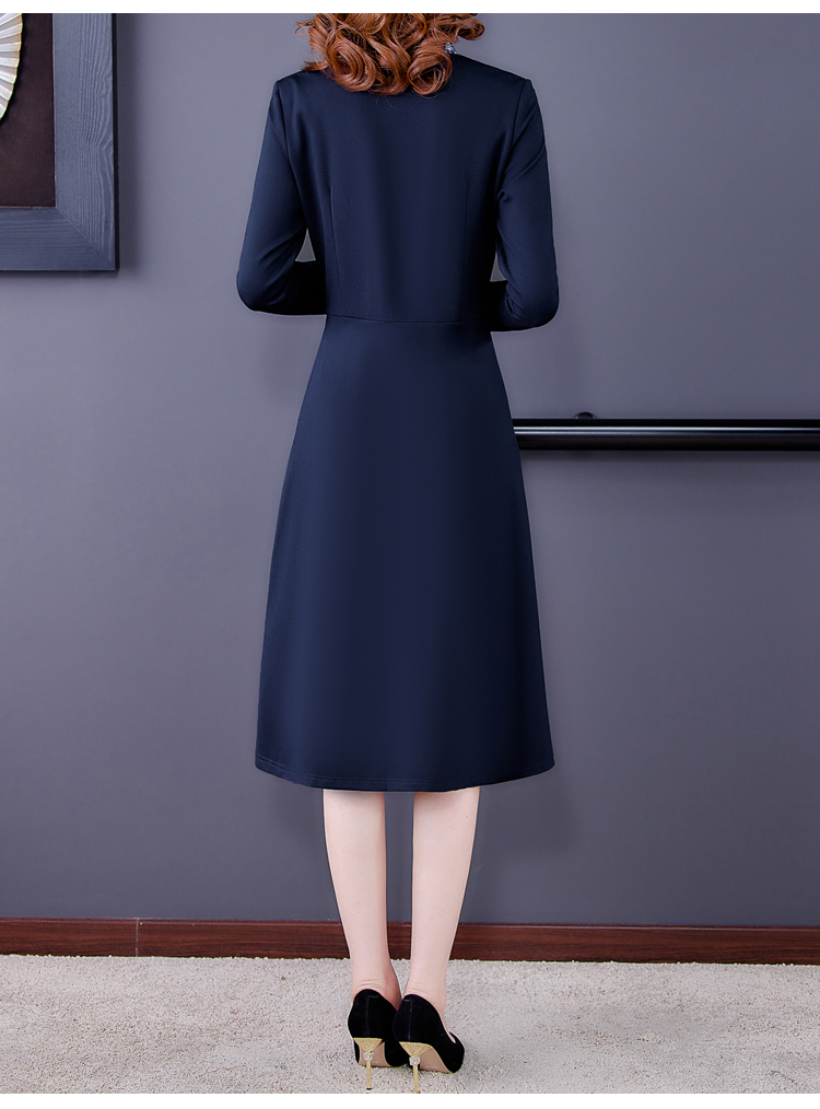Long navy blue long sleeve slim elegant temperament dress