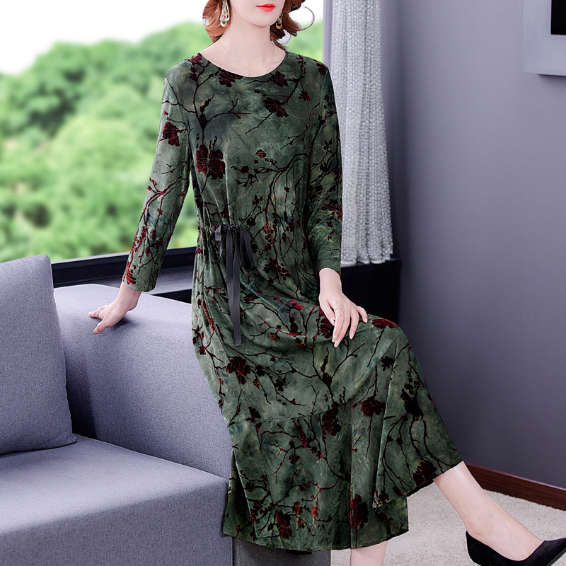 Velvet large yard long sleeve printing dress for women