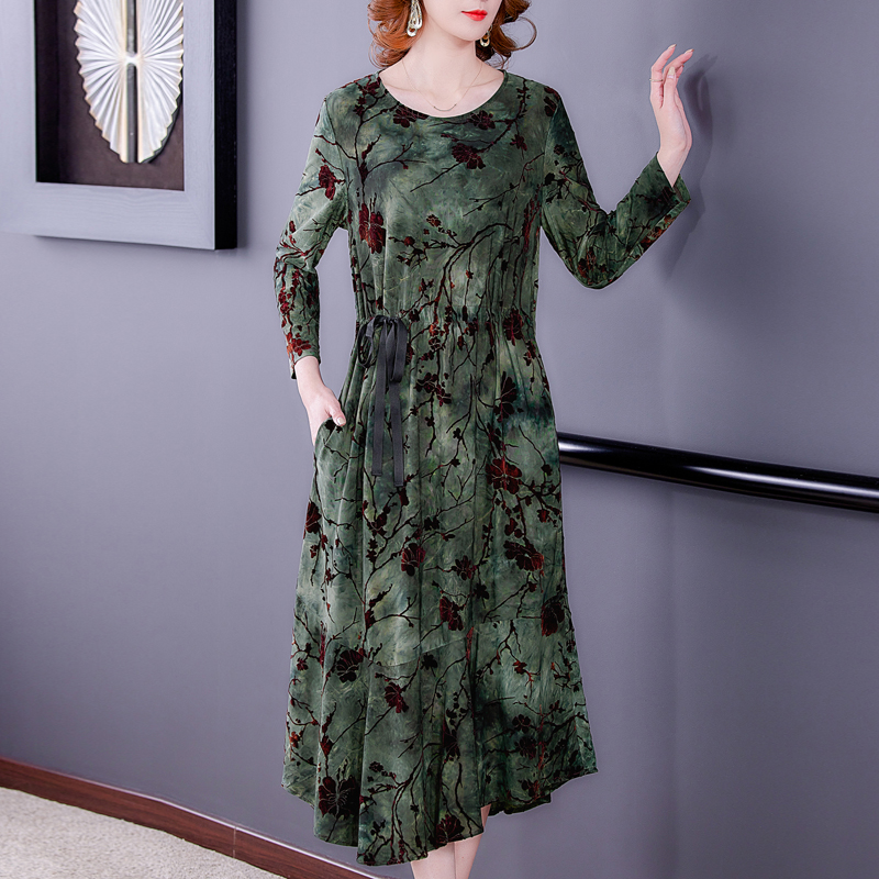 Velvet large yard long sleeve printing dress for women