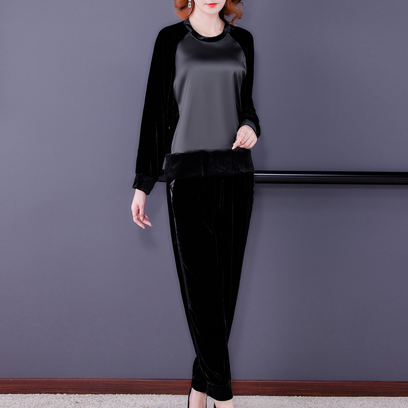 Real silk long pants elasticity tops 2pcs set for women