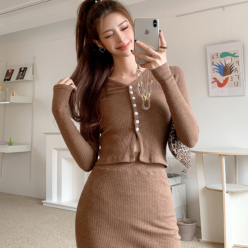 Knitted Korean style skirt slim tops 2pcs set for women