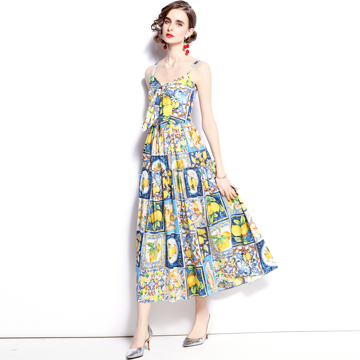 Printing bow sling European style pinched waist dress