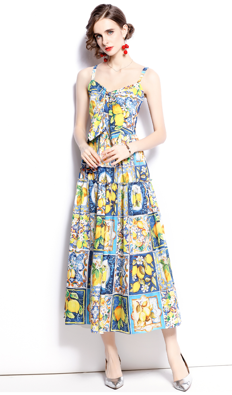 Printing bow sling European style pinched waist dress