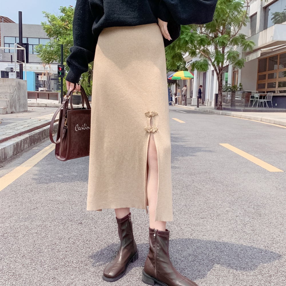 Chinese style knitted split long skirt for women