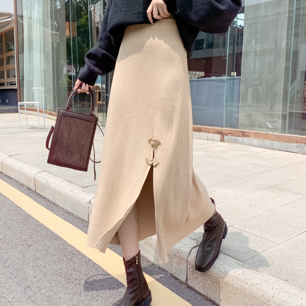 Chinese style knitted split long skirt for women