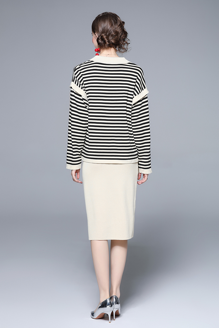 Slim fat fashion skirt autumn stripe sweater 2pcs set