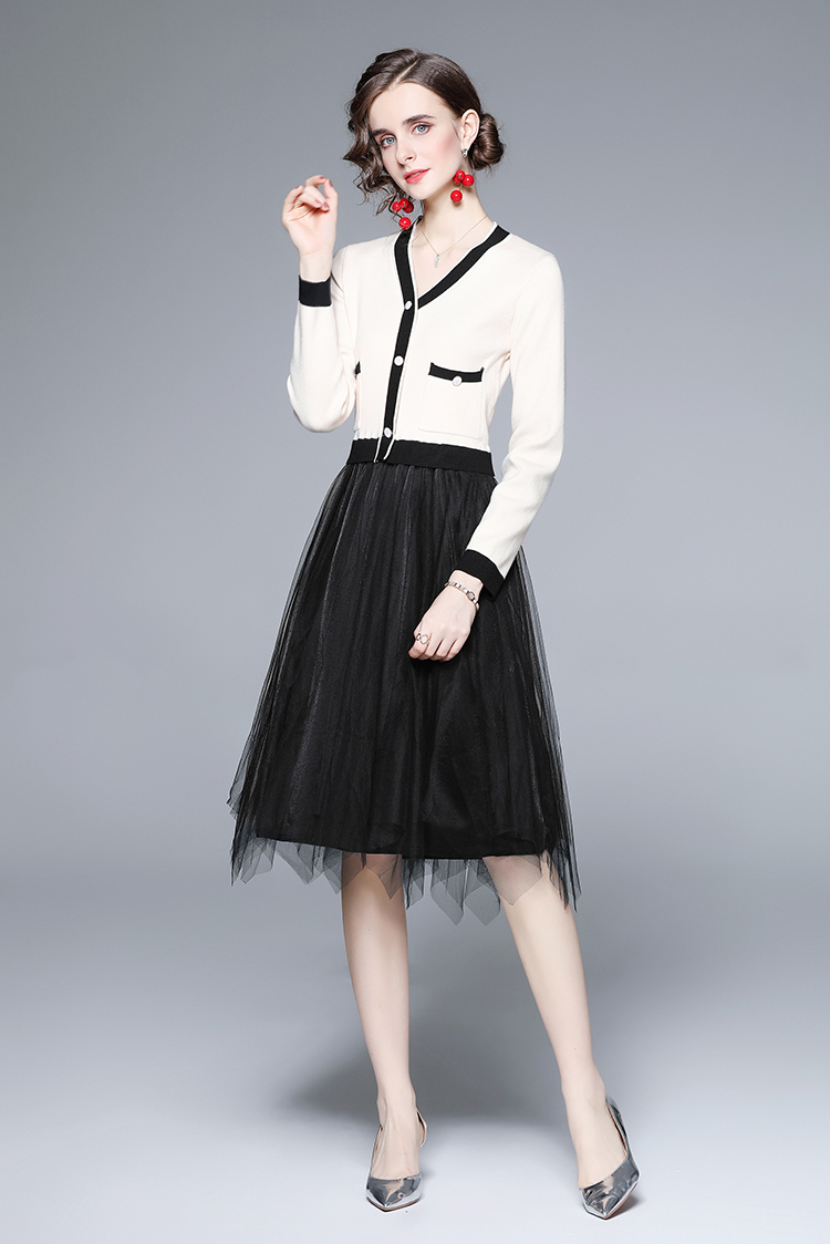 V-neck pinched waist Pseudo-two slim long sleeve dress