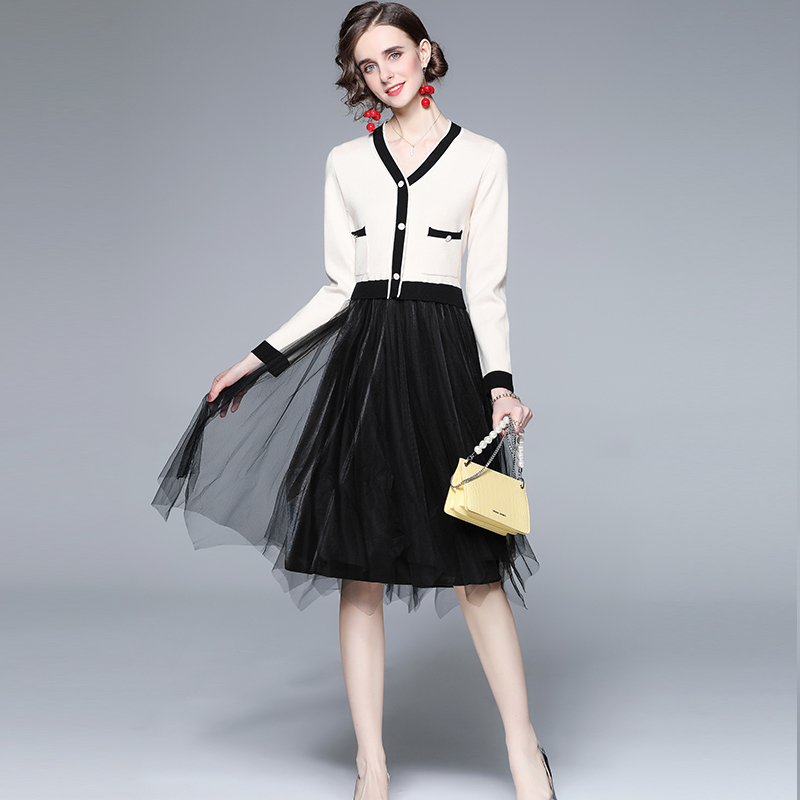 V-neck pinched waist Pseudo-two slim long sleeve dress