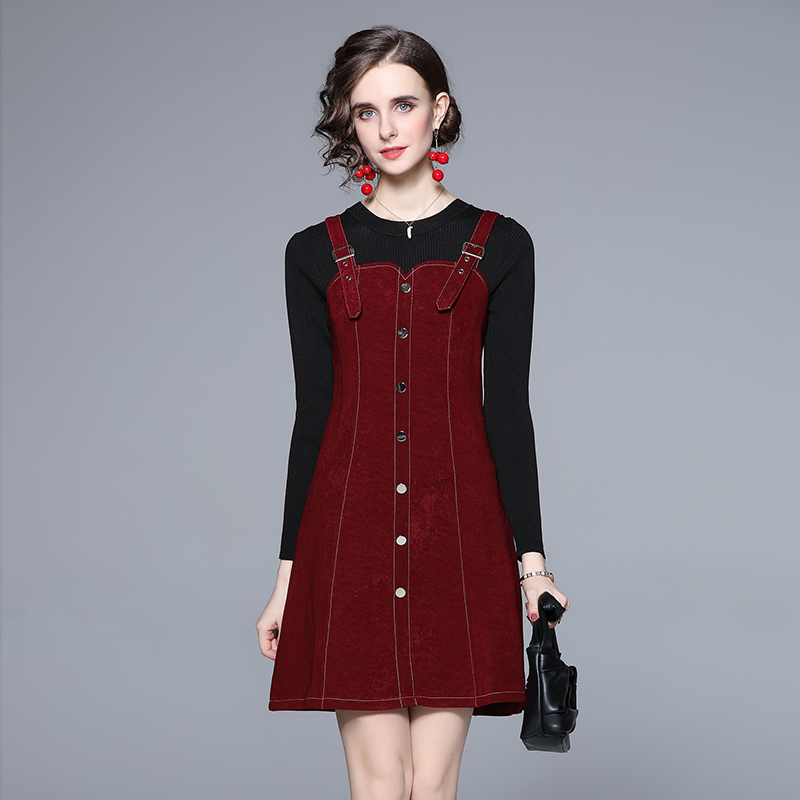 Autumn long sleeve strap dress black dress 2pcs set for women