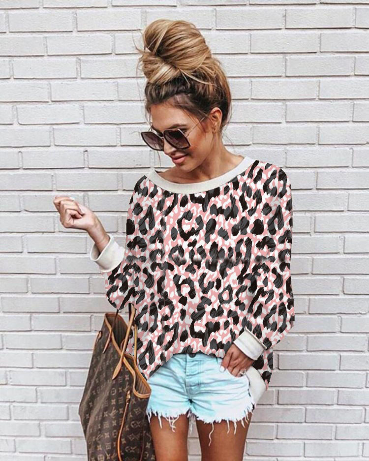 European style leopard hoodie loose printing tops for women