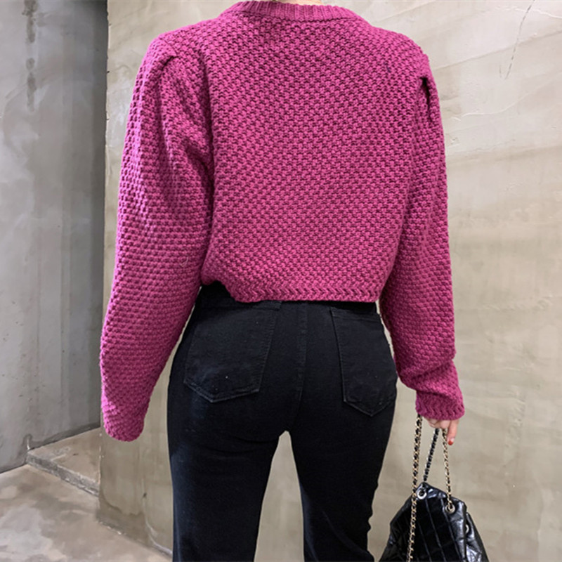 Puff sleeve Korean style retro round neck knitted sweater