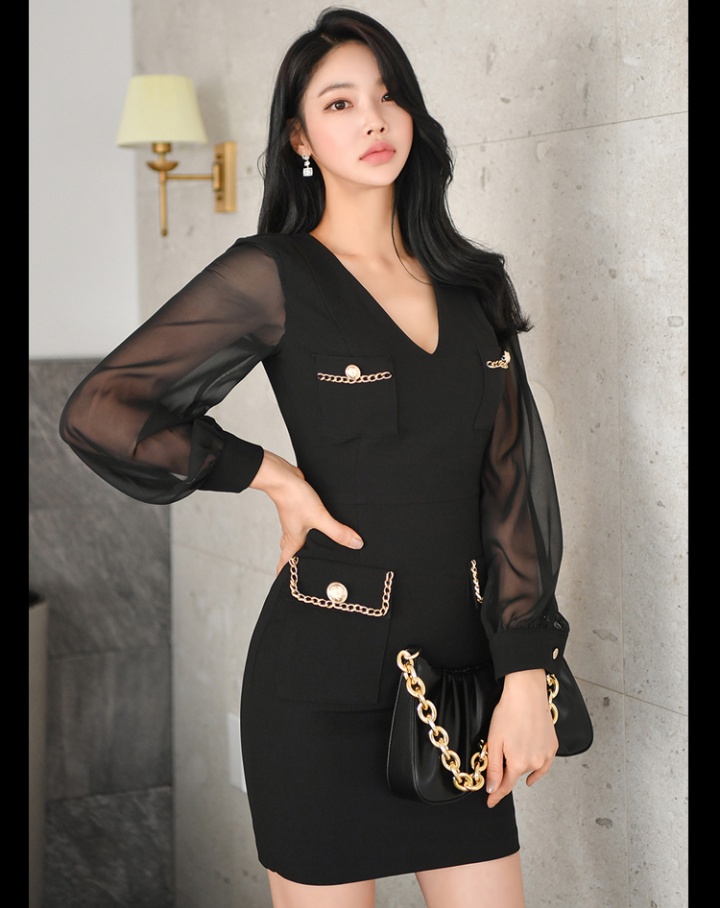 Stitching sleeve temperament Korean style slim dress