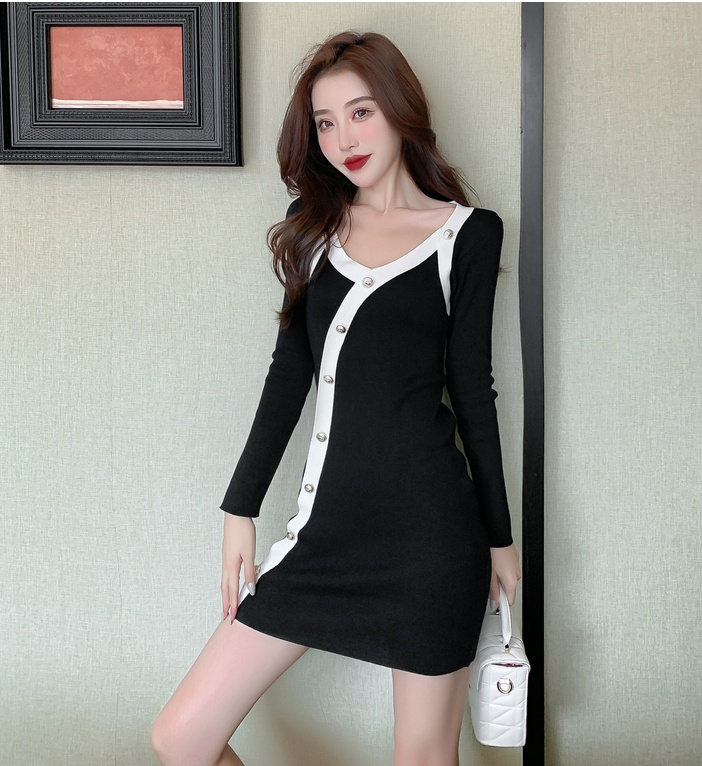 France style package hip single-breasted knitted dress