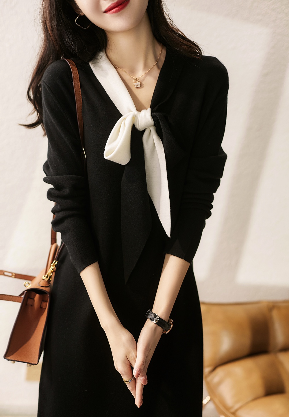 Wool elegant knitted black-white dress