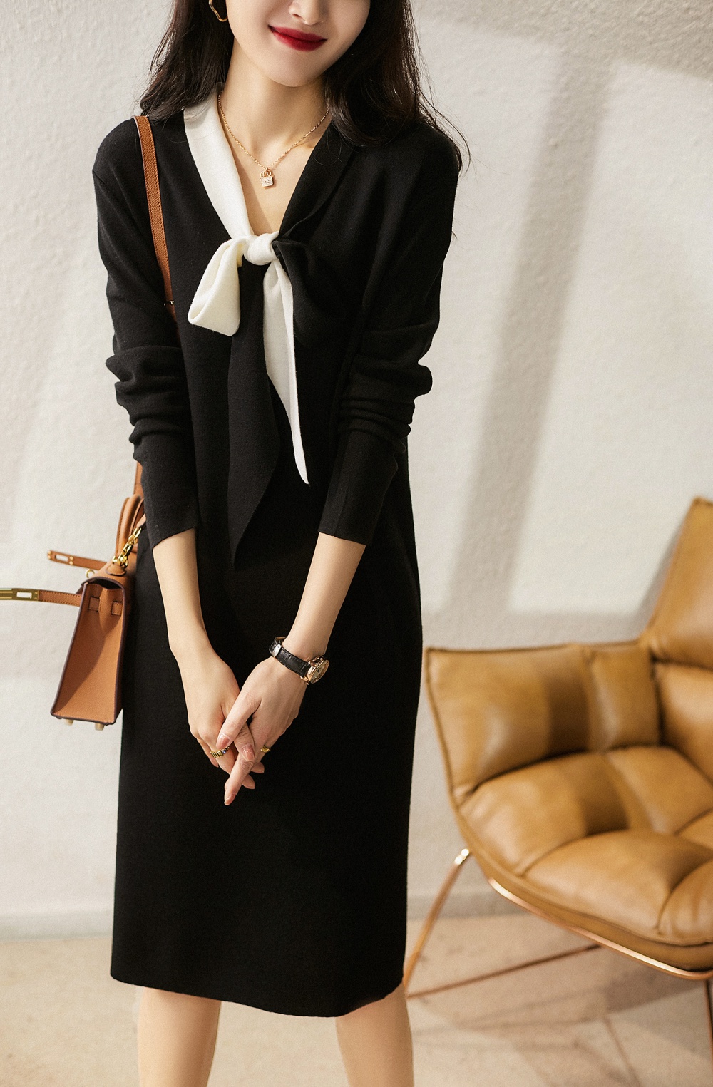 Wool elegant knitted black-white dress