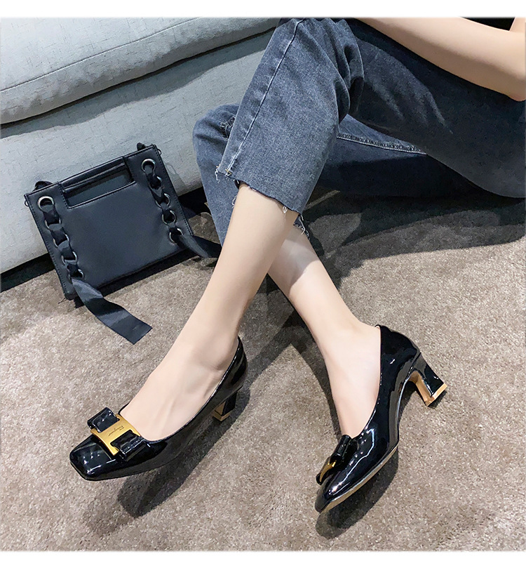 Temperament thick middle-heel side buckle shoes for women