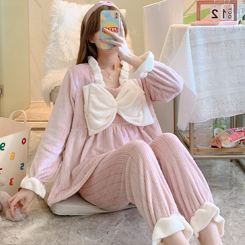 Winter sweet princess flannel spring and autumn pajamas 2pcs set