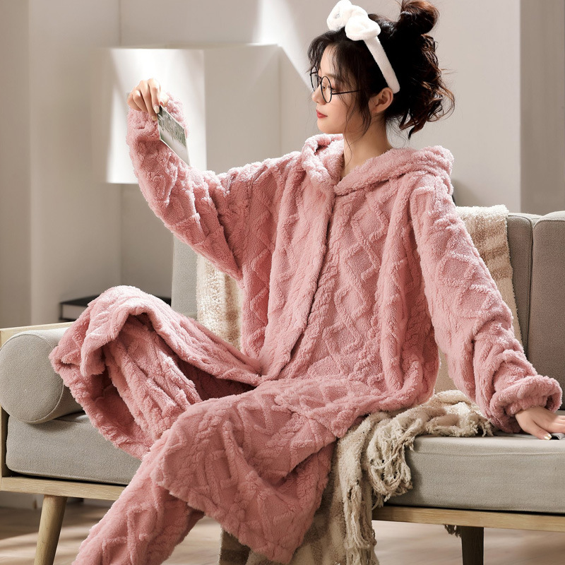 Velveteen homewear long hooded pajamas a set for women