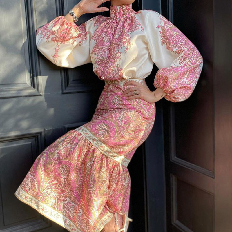 Printing Bohemian style skirt long autumn tops a set
