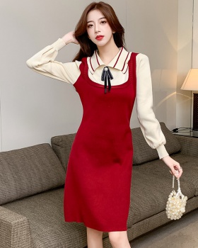 Pseudo-two autumn sweater knitted France style dress