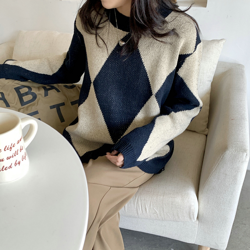 Thermal Korean style tops quilted V-neck sweater for women