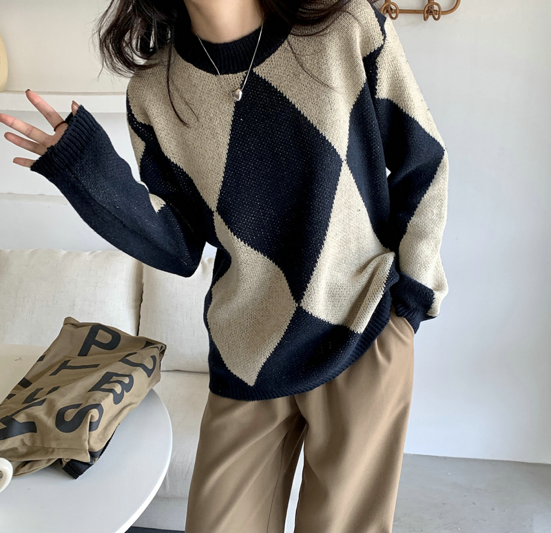 Thermal Korean style tops quilted V-neck sweater for women