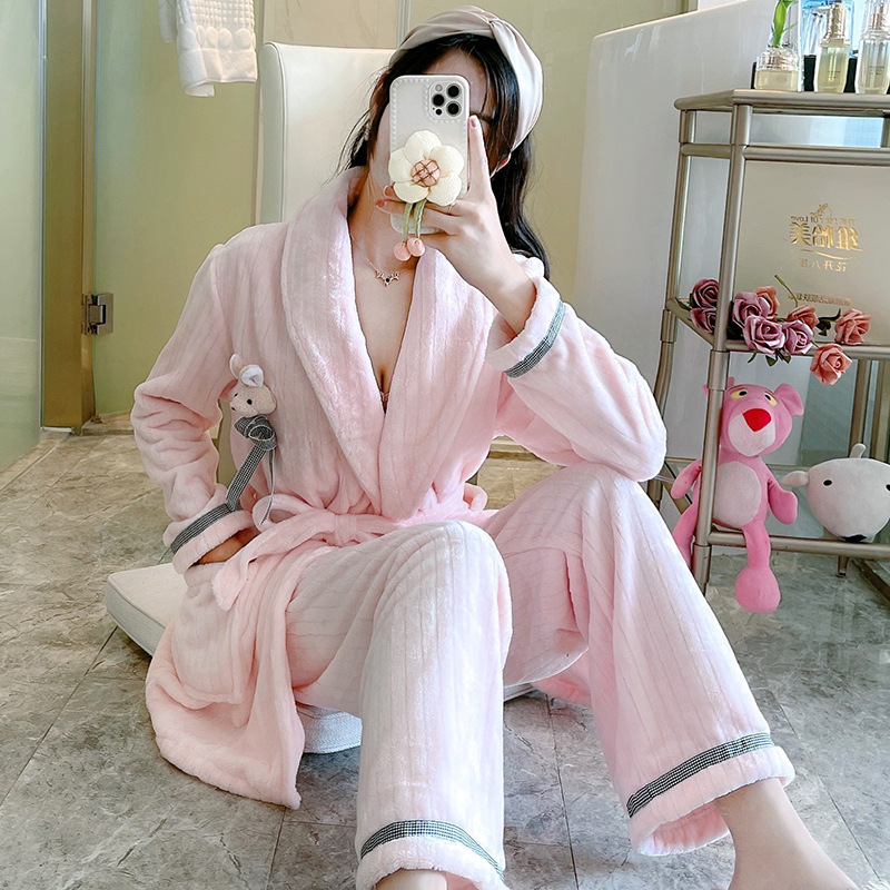 Flannel island flair homewear thick pink winter lapel pajamas
