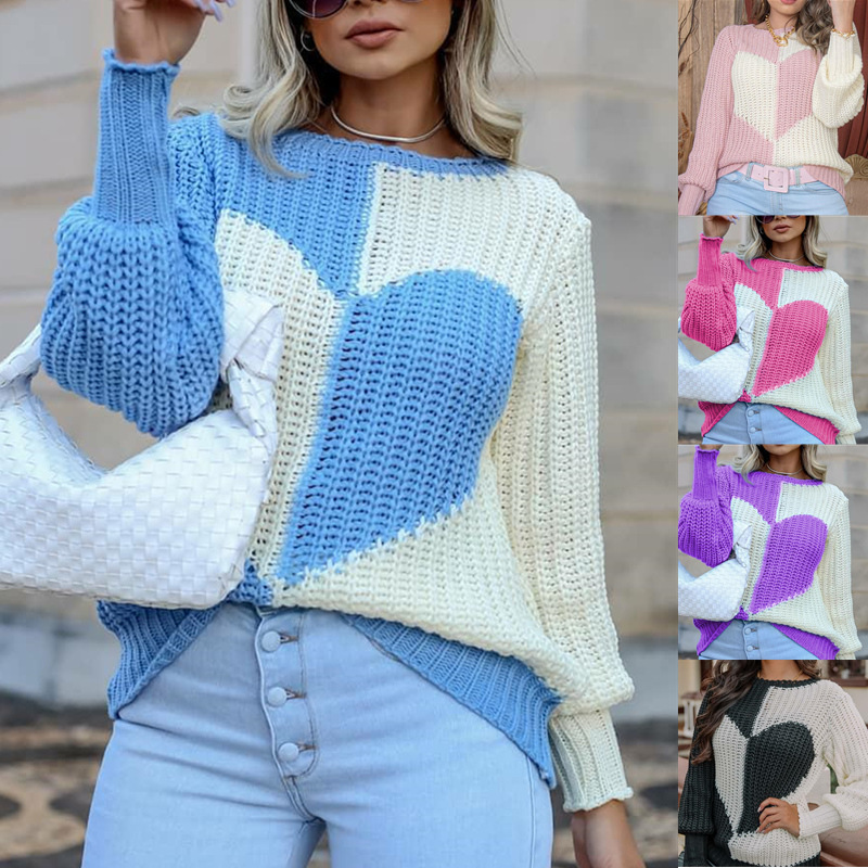 Knitted heart trumpet sleeves sweater for women