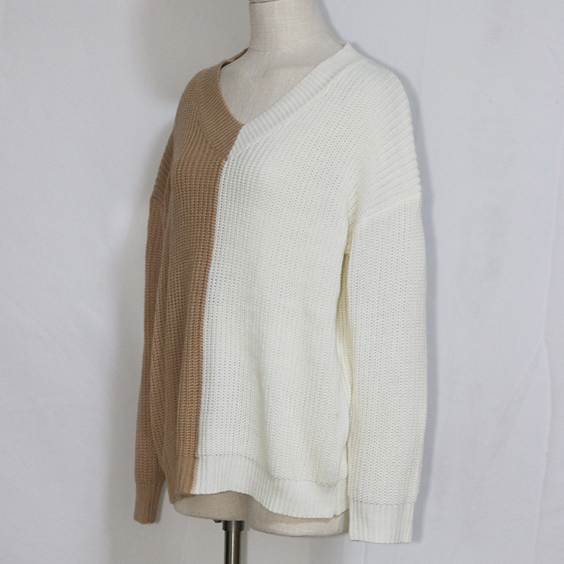 Lazy Casual loose V-neck street splice sweater for women