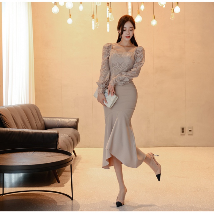 Korean style autumn skirt pinched waist tops 2pcs set