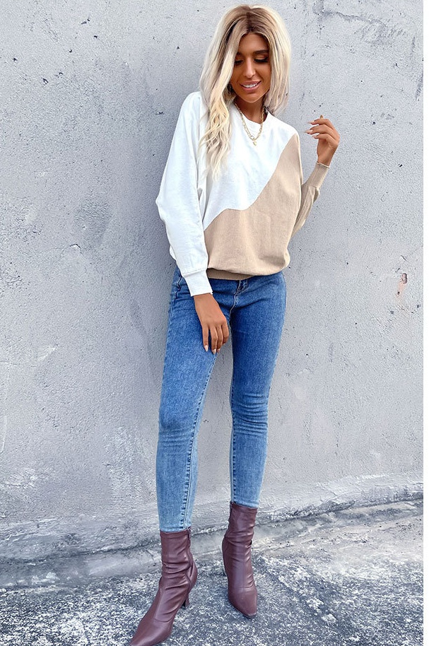 Long sleeve loose round neck knitted sweater for women