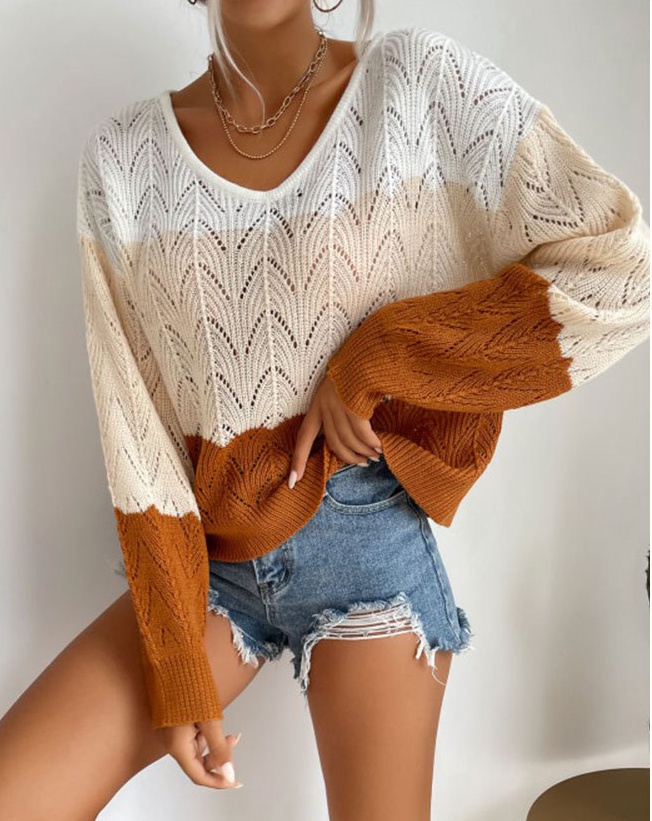 Hollow autumn long sleeve round neck thin sweater