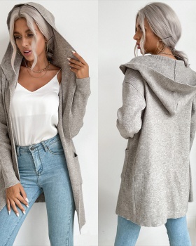 Knitted European style coat thin hooded sweater for women