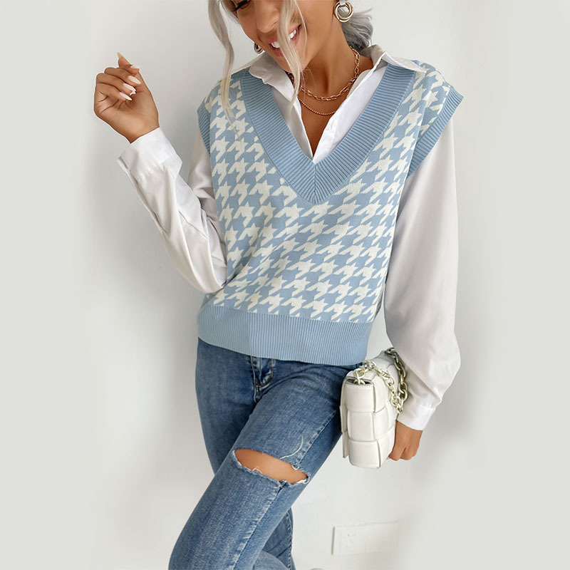 Houndstooth knitted vest autumn sweater for women