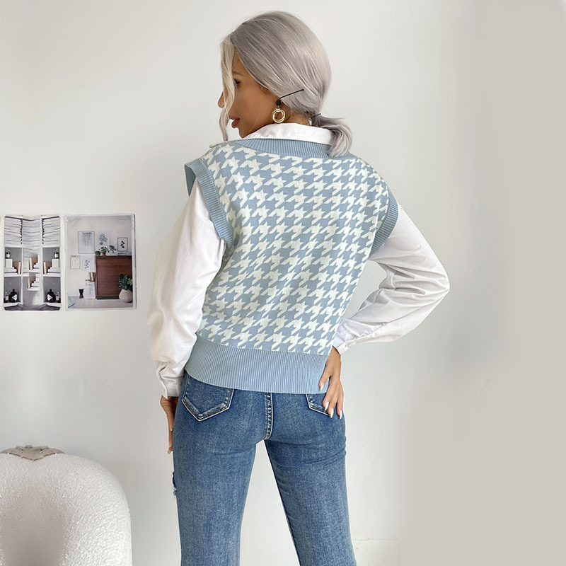 Houndstooth knitted vest autumn sweater for women