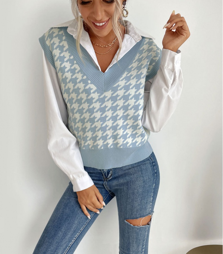 Houndstooth knitted vest autumn sweater for women