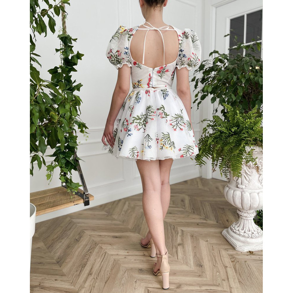 Embroidered dress pinched waist strap dress for women