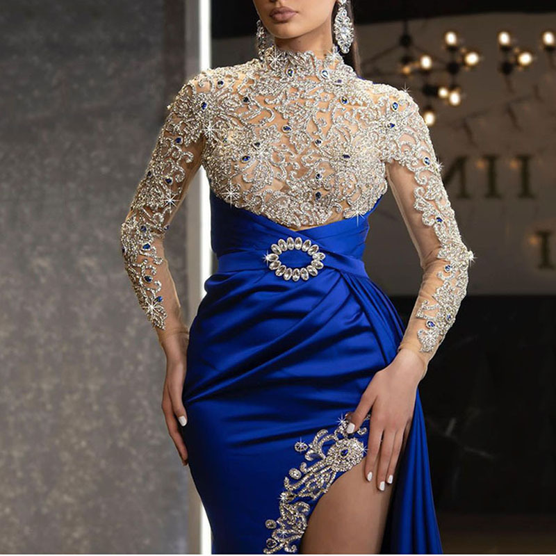 Round neck blue dress European style long dress for women