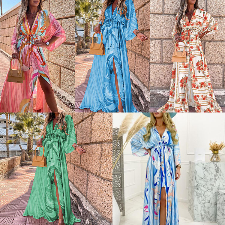Vacation V-neck autumn printing and dyeing long slim dress
