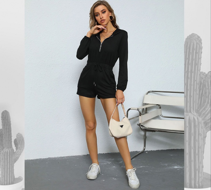 Casual pure zip hooded European style jumpsuit for women