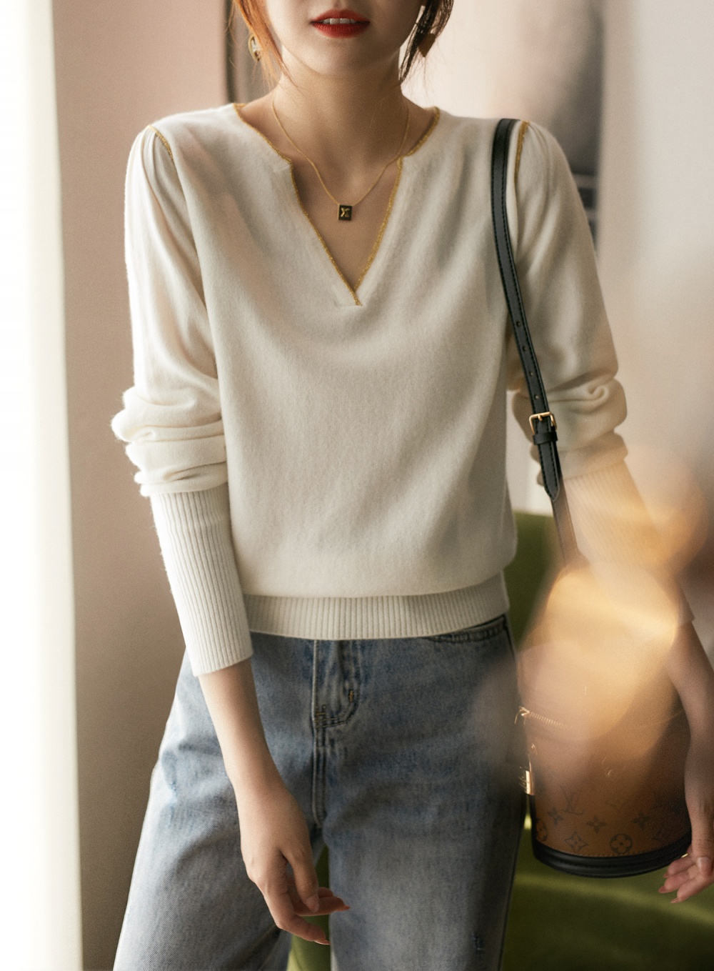 Cashmere liangsi wool V-neck knitted sweater