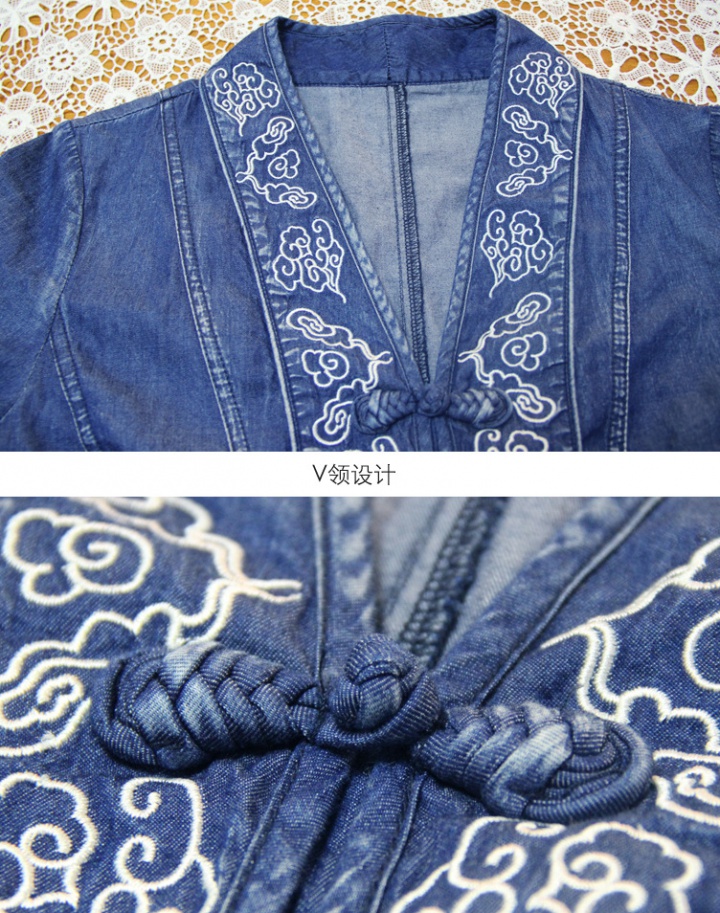 Denim retro dress slim embroidery cheongsam for women