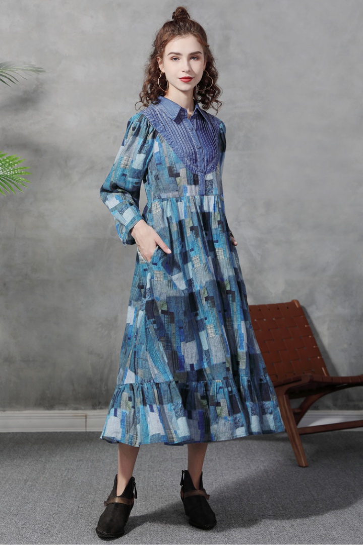 Splice cotton linen long dress autumn loose dress for women