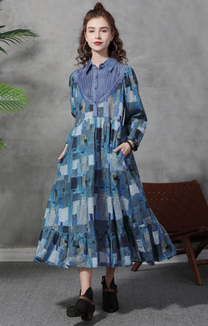 Splice cotton linen long dress autumn loose dress for women