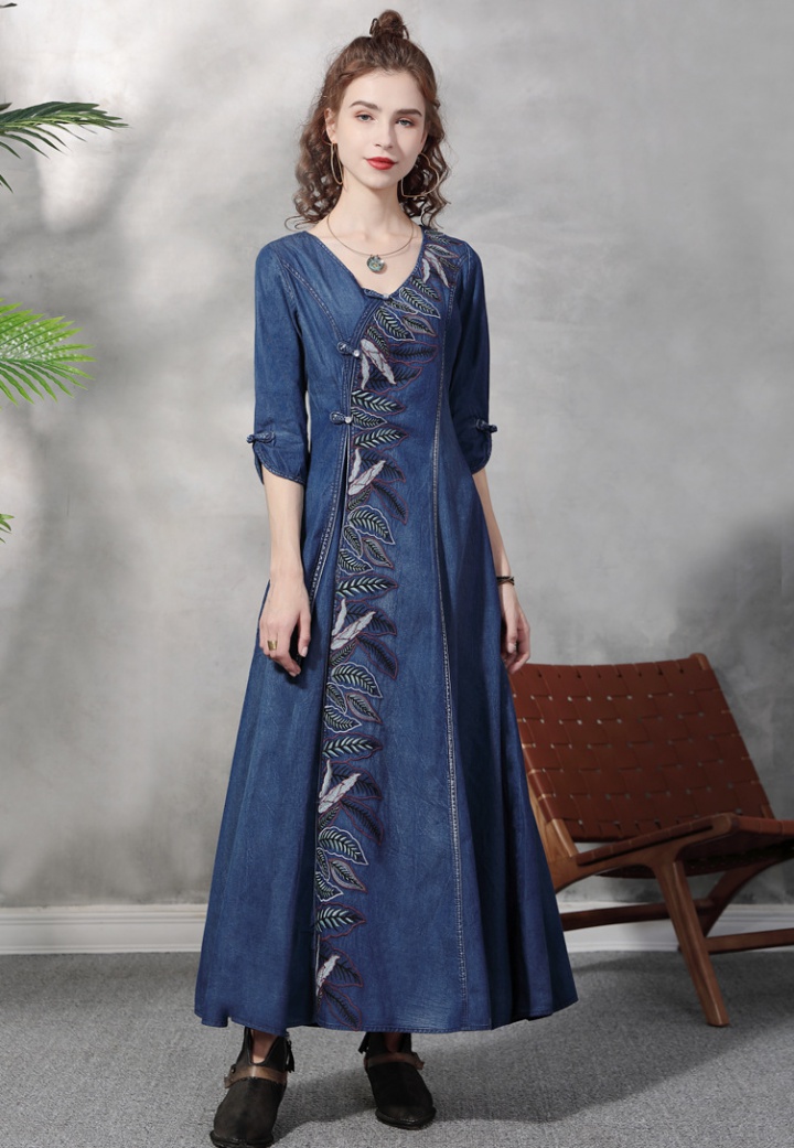 V-neck long dress embroidery dress for women