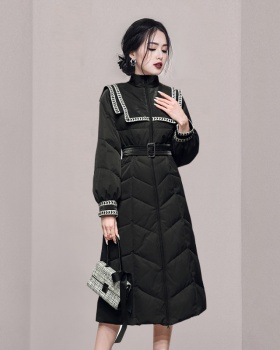 Black temperament long pinched waist cotton coat for women